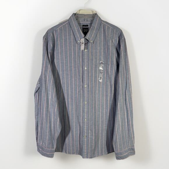 Gap Mens XXL Stretch Poplin Shirt Lived In With Untucked Fit Stretch Blue Stripe - Picture 1 of 6